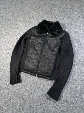 Bebe Women’s Size S Black Knit Zip Jacket Faux Fur Collar Quilted Satin Panel